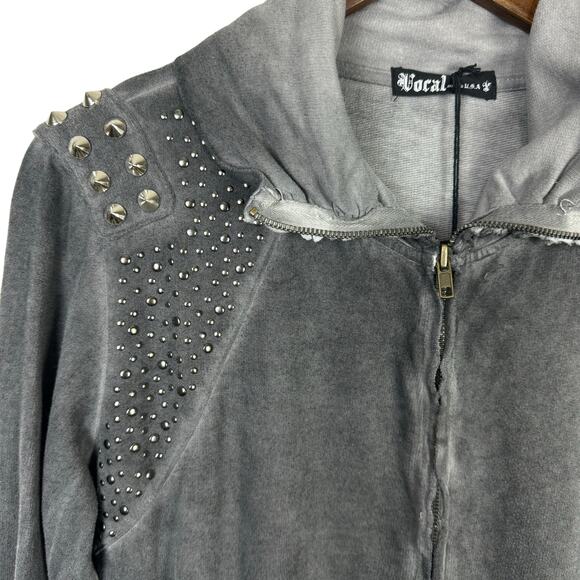 Vocal NWT Distressed Gray Studded Embellished Zip Up Long Duster Jacket - Picture 4 of 7